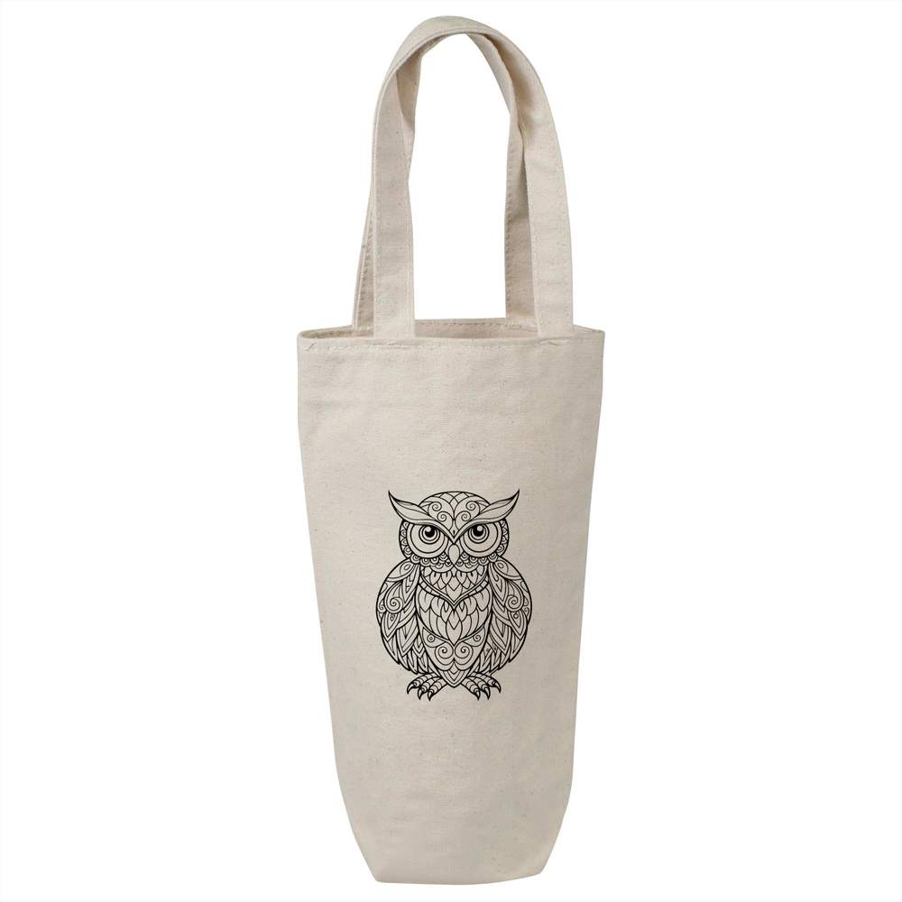 'Owl Linear Art Beautiful ' Cotton Wine Bottle Bag - Natural - Reusable Gift / Travel Carrier for Wine, Champagne and Bottles (BL00044908)