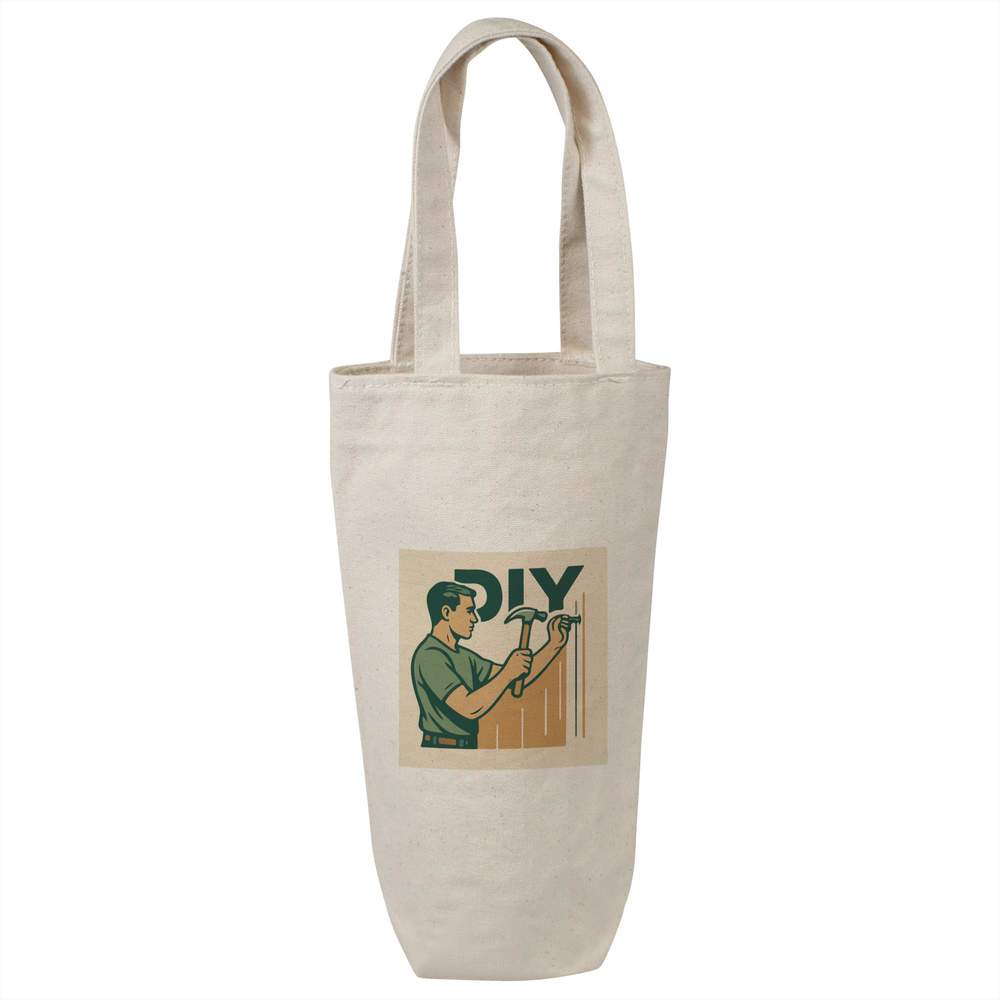 'DIY Man Hammering Nail' Cotton Wine Bottle Bag - Natural - Reusable Gift / Travel Carrier for Wine, Champagne and Bottles (BL00045175)