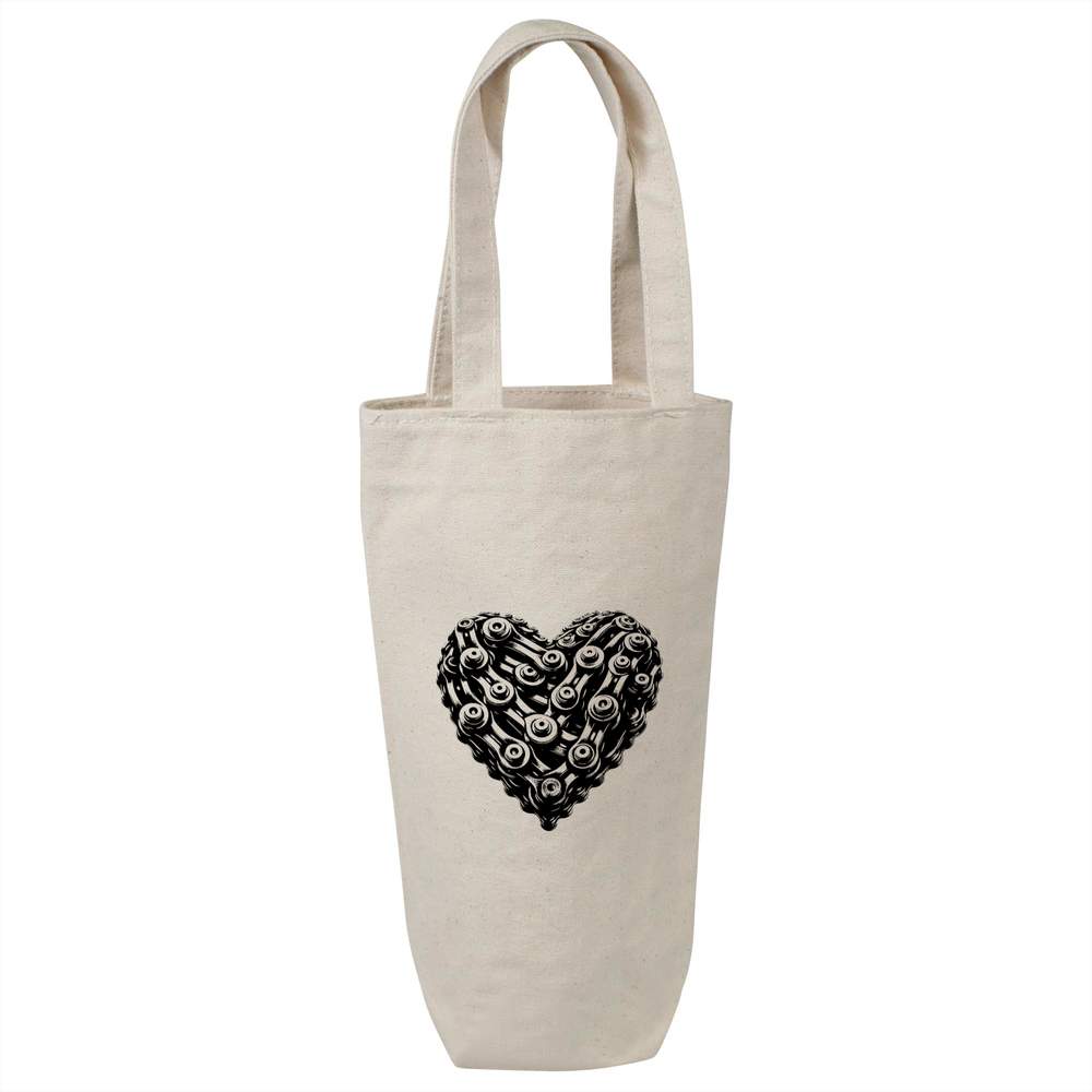 'Bike Chain Heart' Cotton Wine Bottle Bag - Natural - Reusable Gift / Travel Carrier for Wine, Champagne and Bottles (BL00045245)