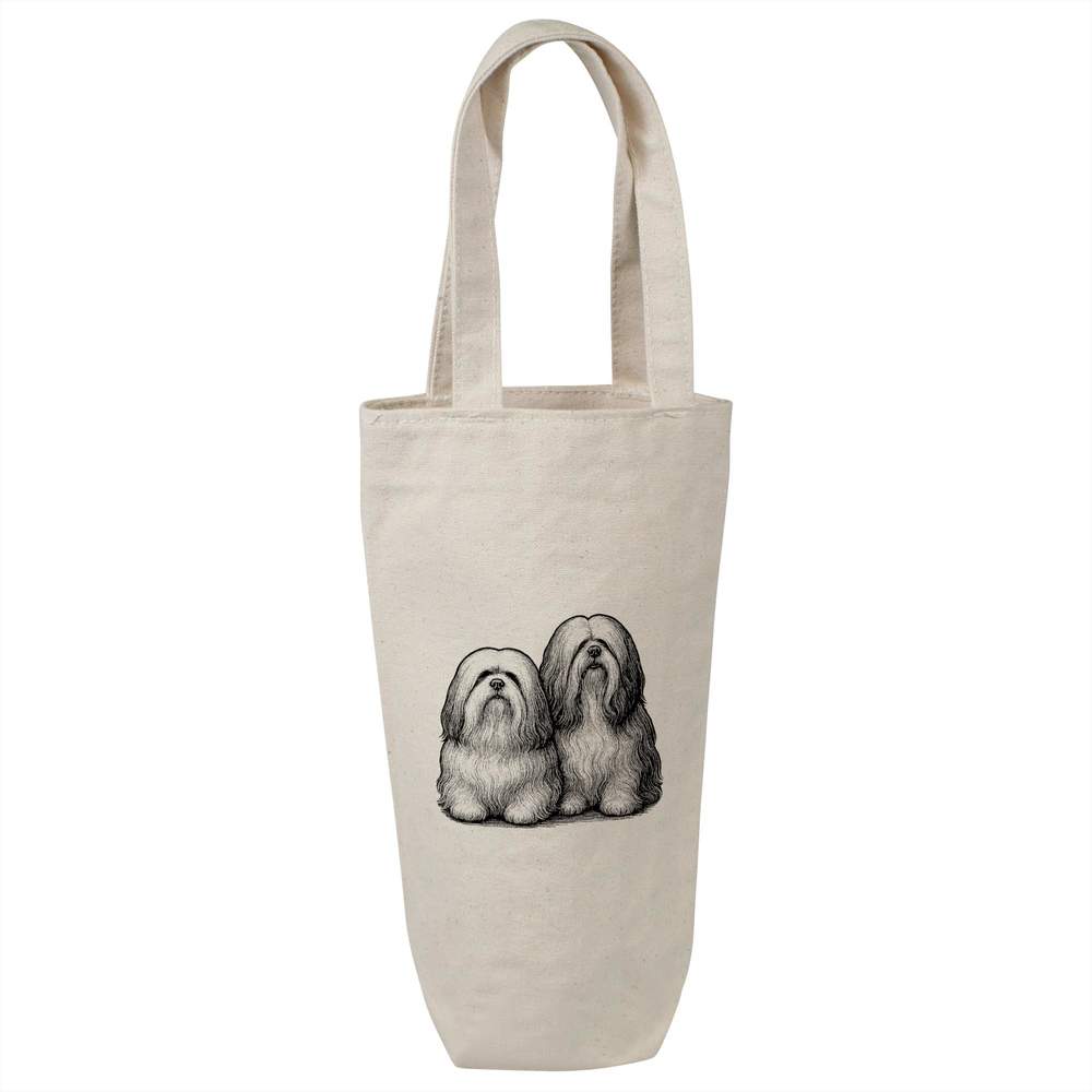 'Two Lhasa Apso Dogs' Cotton Wine Bottle Bag - Natural - Reusable Gift / Travel Carrier for Wine, Champagne and Bottles (BL00045756)