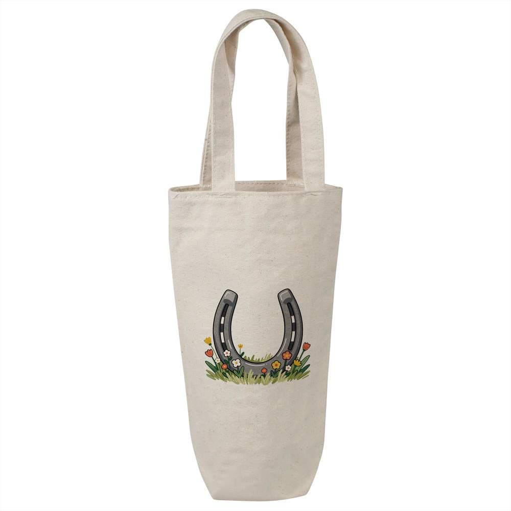 'Horseshoe & Wildflowers' Cotton Wine Bottle Bag - Natural - Reusable Gift / Travel Carrier for Wine, Champagne and Bottles (BL00047906)