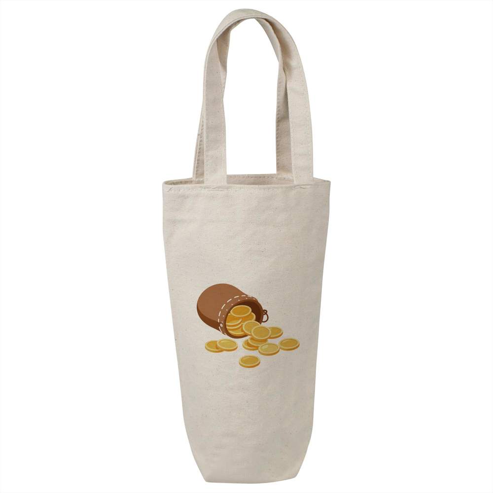 'Gold Coins & Pouch' Cotton Wine Bottle Bag - Natural - Reusable Gift / Travel Carrier for Wine, Champagne and Bottles (BL00048051)