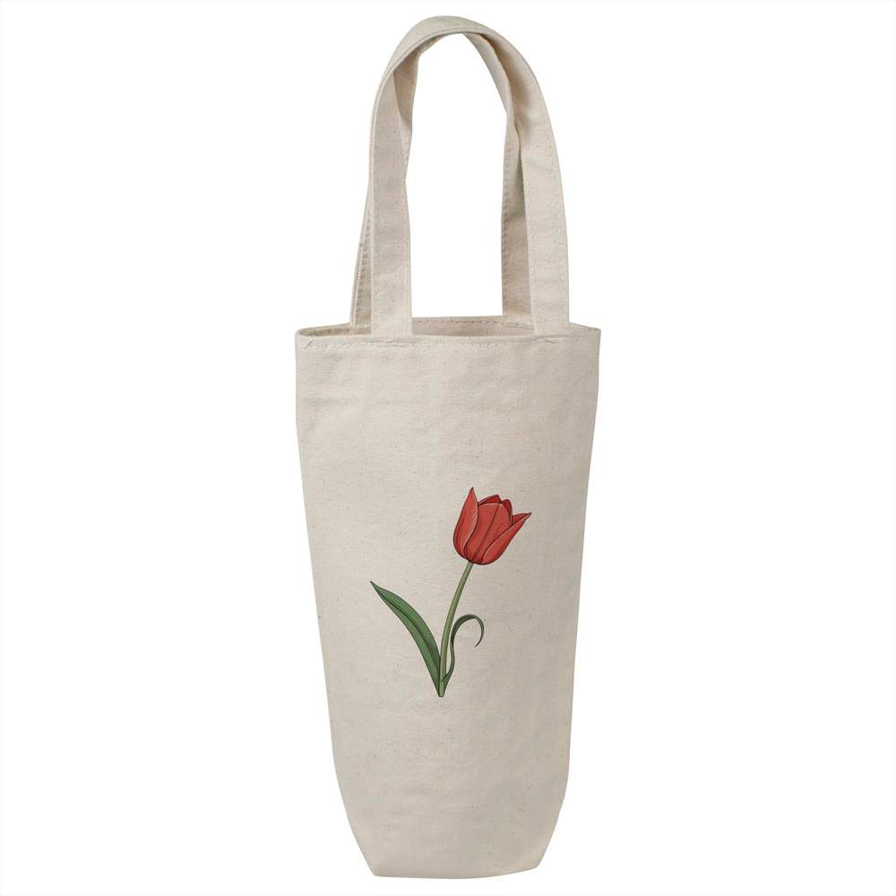 'Single Red Tulip' Cotton Wine Bottle Bag - Natural - Reusable Gift / Travel Carrier for Wine, Champagne and Bottles (BL00048149)