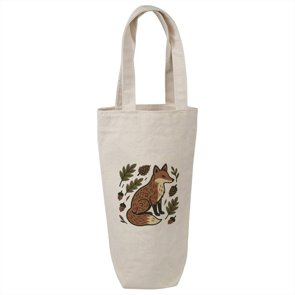 'Folk Style Woodland Fox' Cotton Wine Bottle Bag - Natural - Reusable Gift / Travel Carrier for Wine, Champagne and Bottles (BL00048785)
