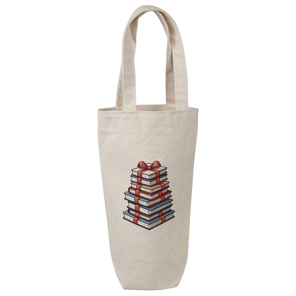 'Books Tied with Ribbon' Cotton Wine Bottle Bag - Natural - Reusable Gift / Travel Carrier for Wine, Champagne and Bottles (BL00049277)