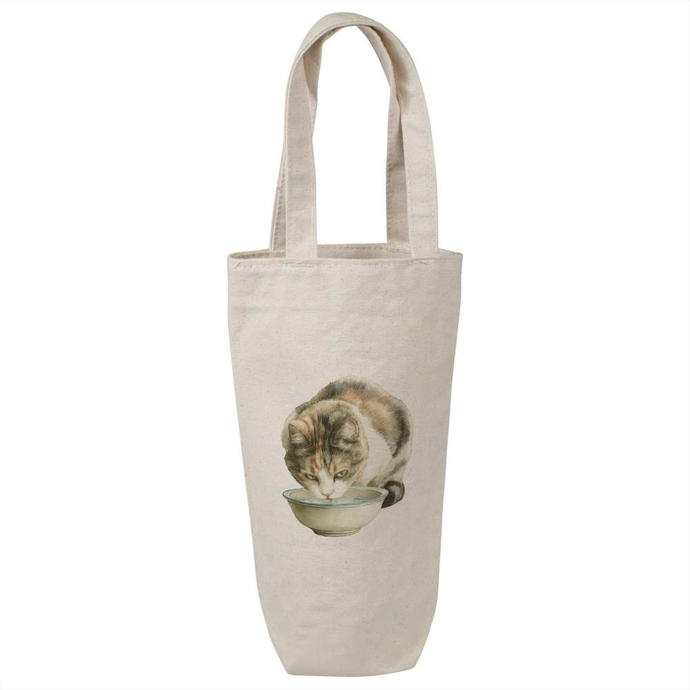 'Cat Drinking Water' Cotton Wine Bottle Bag - Natural - Reusable Gift / Travel Carrier for Wine, Champagne and Bottles (BL00049523)