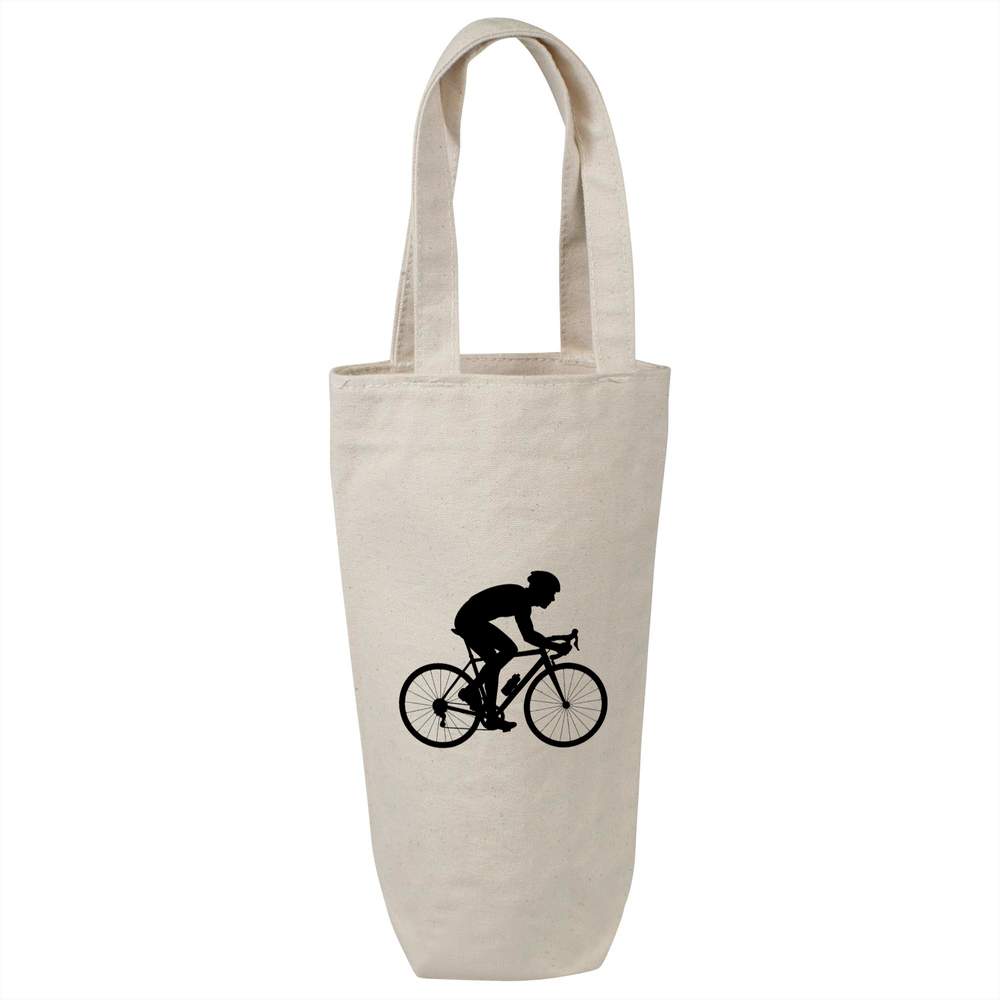 'Cyclist Silhouette ' Cotton Wine Bottle Bag - Natural - Reusable Gift / Travel Carrier for Wine, Champagne and Bottles (BL00049868)