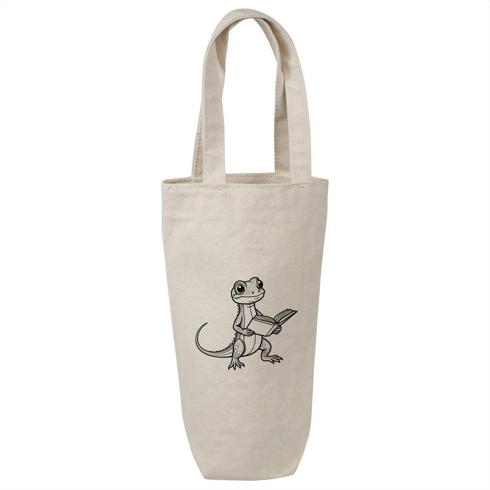 'Lizard Reading Book' Cotton Wine Bottle Bag - Natural - Reusable Gift / Travel Carrier for Wine, Champagne and Bottles (BL00049896)