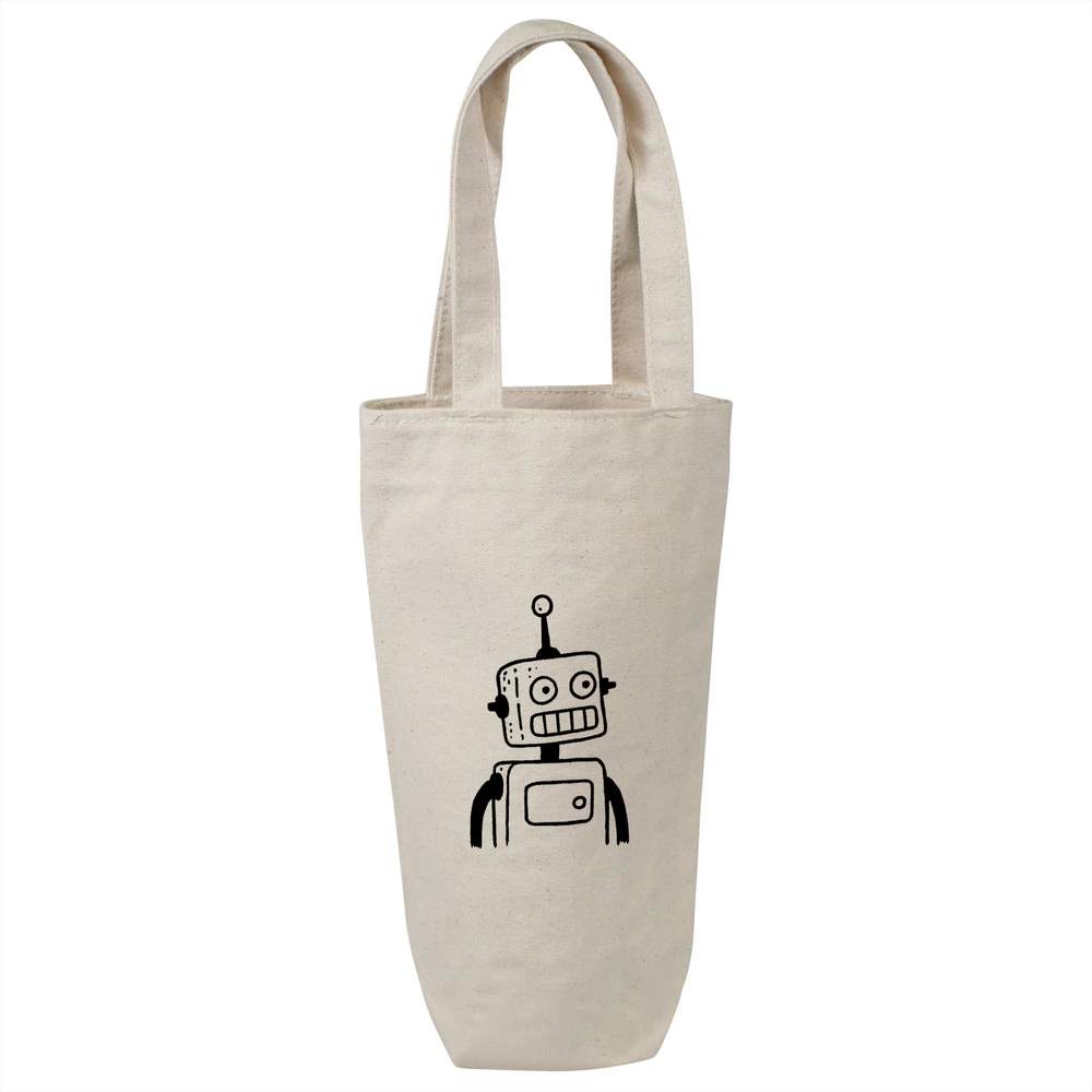 'Simple Robot Portrait' Cotton Wine Bottle Bag - Natural - Reusable Gift / Travel Carrier for Wine, Champagne and Bottles (BL00049996)