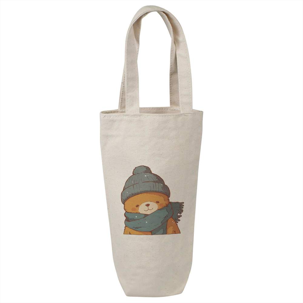 'Winter Teddy Bear' Cotton Wine Bottle Bag - Natural - Reusable Gift / Travel Carrier for Wine, Champagne and Bottles (BL00050825)