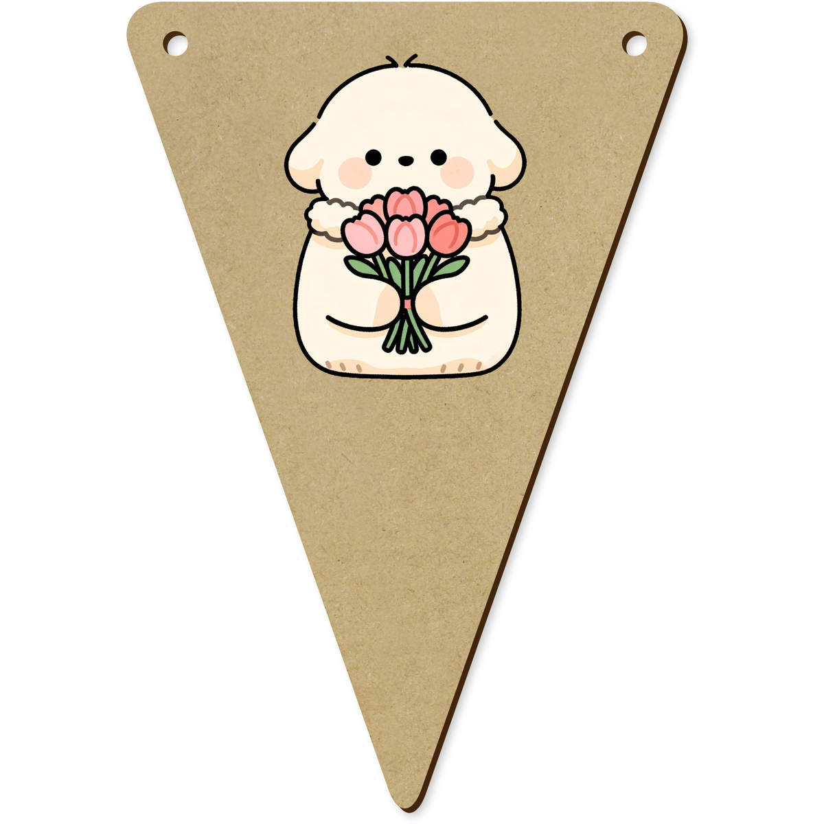 5 x 'Puppy & Valentine Roses' MDF Bunting Flags - 14cm - MDF Pennants for Parties, Nurseries, Weddings and Home Decor (BN00096020)
