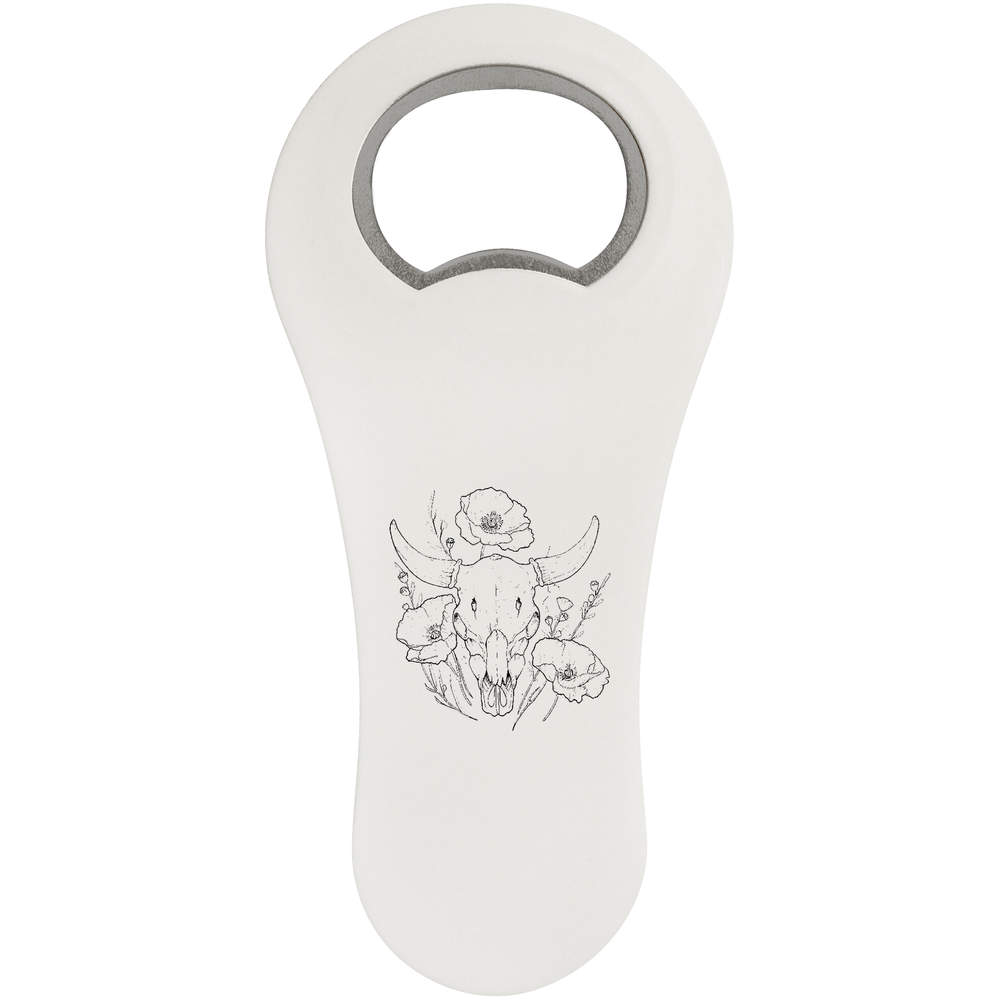 'Bull Skull with Flowers' Magnetic Bottle Opener / Fridge Magnet - Flat Bar Tool for Beer, Soft Drinks, Kitchens and Home Bars (BO00083460)