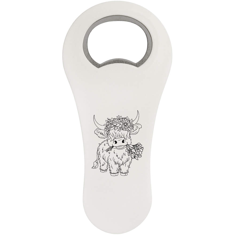 'Highland Cow With Flowers' Bottle Opener Fridge Magnet (BO00087743)