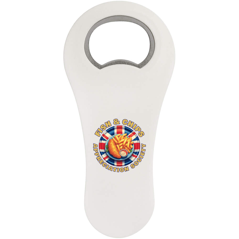 'Fish & Chips Society' Magnetic Bottle Opener / Fridge Magnet - Flat Bar Tool for Beer, Soft Drinks, Kitchens and Home Bars (BO00096408)