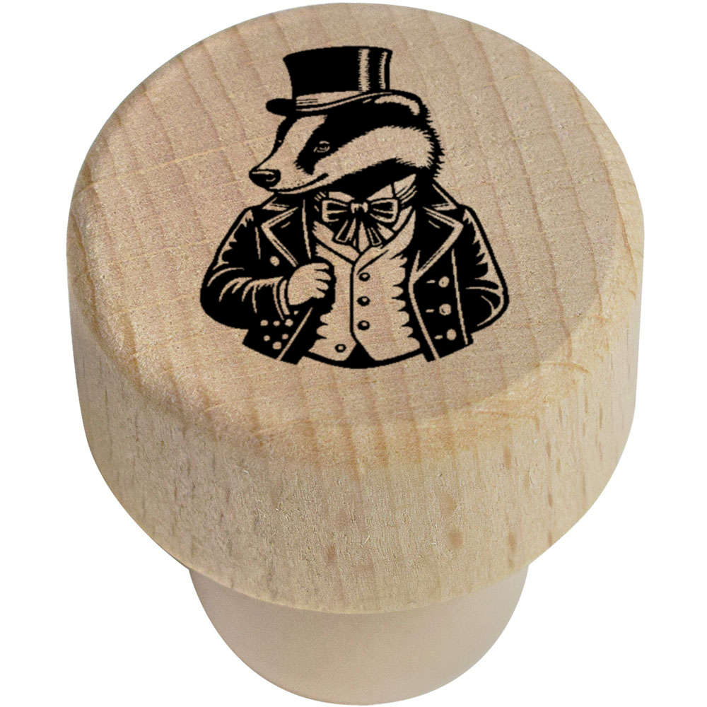 'Badger In Top Hat' Wooden Bottle Stopper / Cork - 19mm - Reusable Wooden Wine Sealer / Cork for Kitchens, Bars and Bottle Gifts (BS00029994)