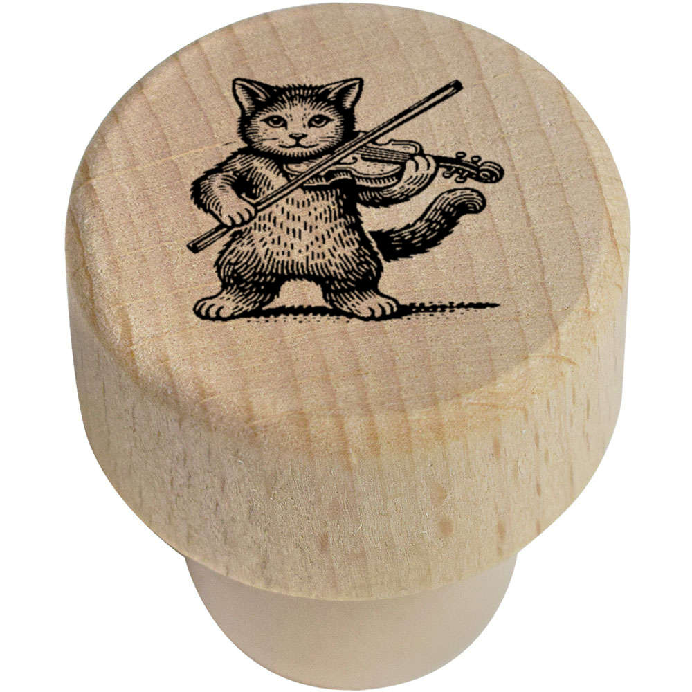 19mm 'Cat Playing Fiddle' Wooden Bottle Stopper / Cork (BS00030932)