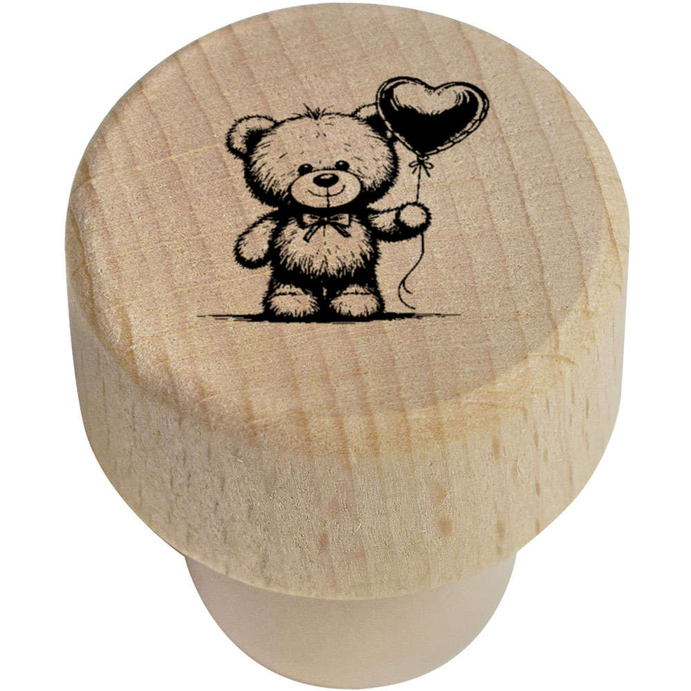 'Teddy & Heart Balloon' Wooden Bottle Stopper / Cork - 19mm - Reusable Wooden Wine Sealer / Cork for Kitchens, Bars and Bottle Gifts (BS00031540)