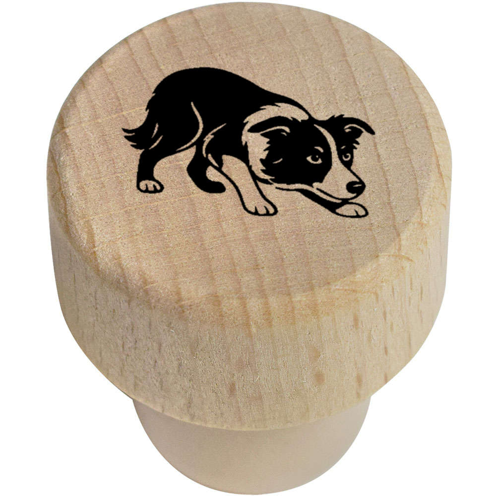 19mm 'Crouching Border Collie' Wooden Bottle Stopper / Cork (BS00032759)