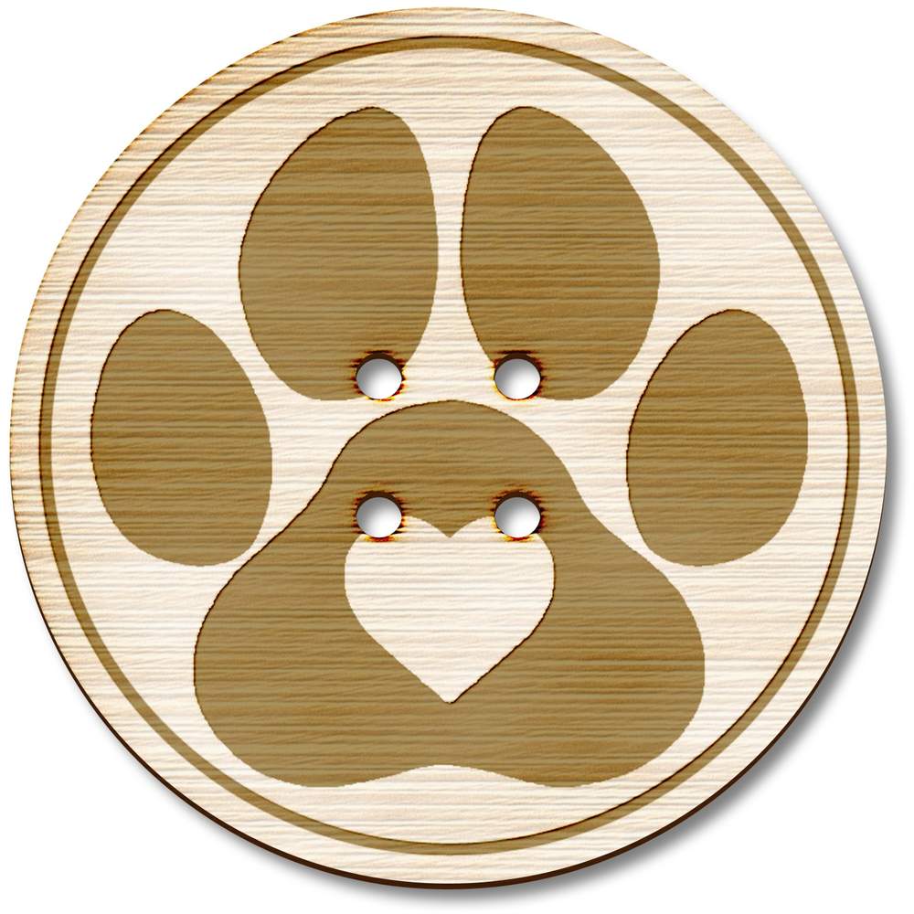 3 x 38mm 'Paw Print Heart' Large Round Wooden Buttons (BT00092218)