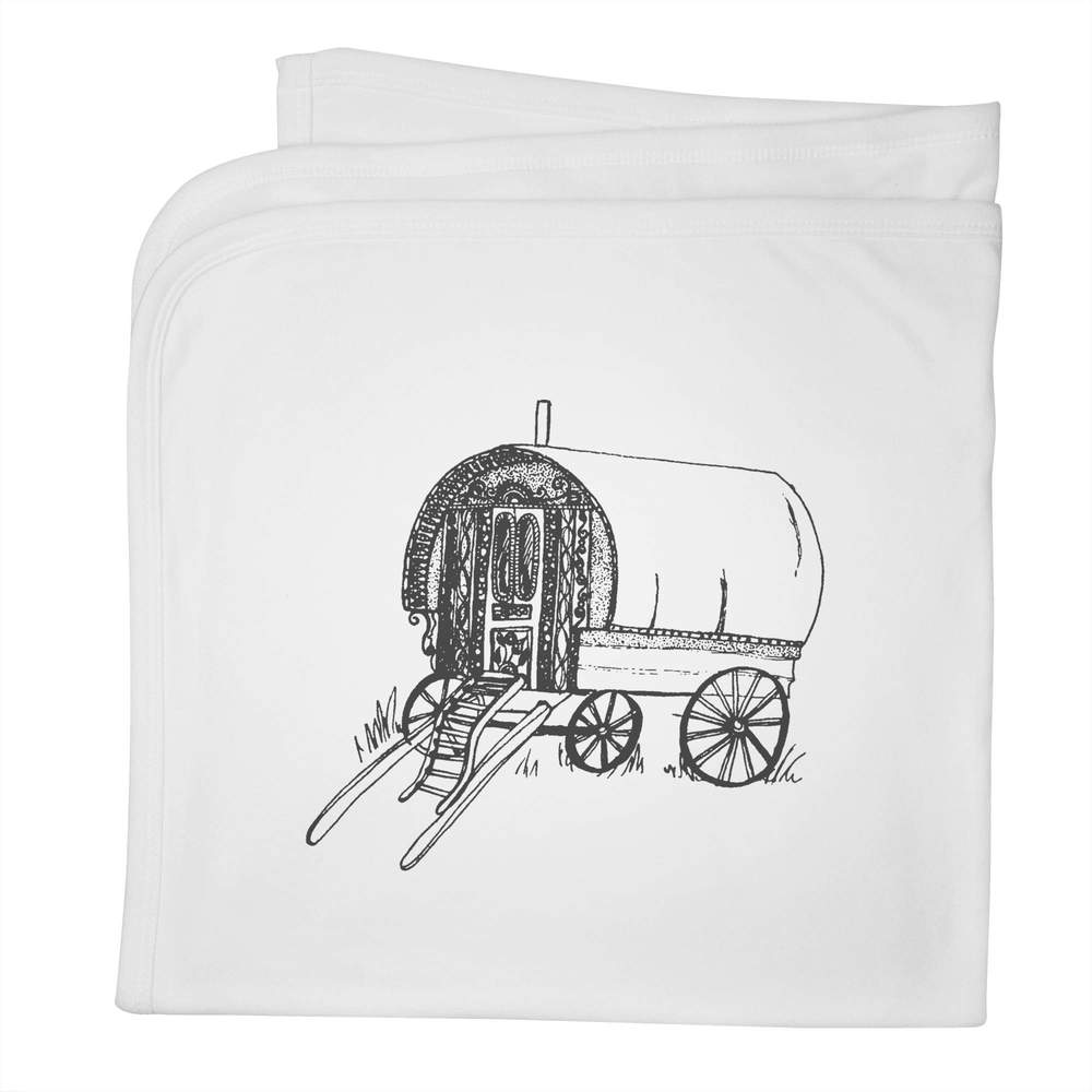 'Romany Caravan' Cotton Baby Blanket / Shawl - White - Soft Nursery Cover for Prams, Cots and New Baby Gifts (BY00001749)