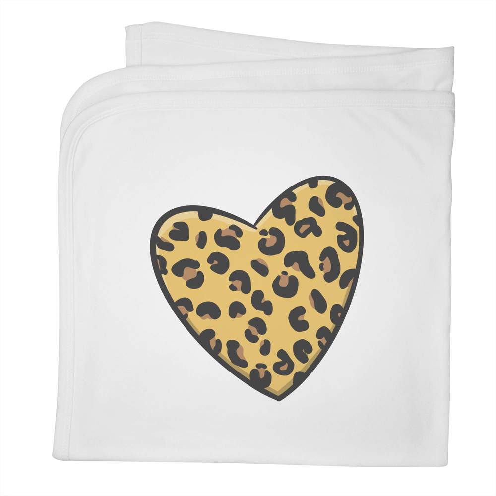 'Leopard Print Heart' Cotton Baby Blanket / Shawl - White - Soft Nursery Cover for Prams, Cots and New Baby Gifts (BY00020196)