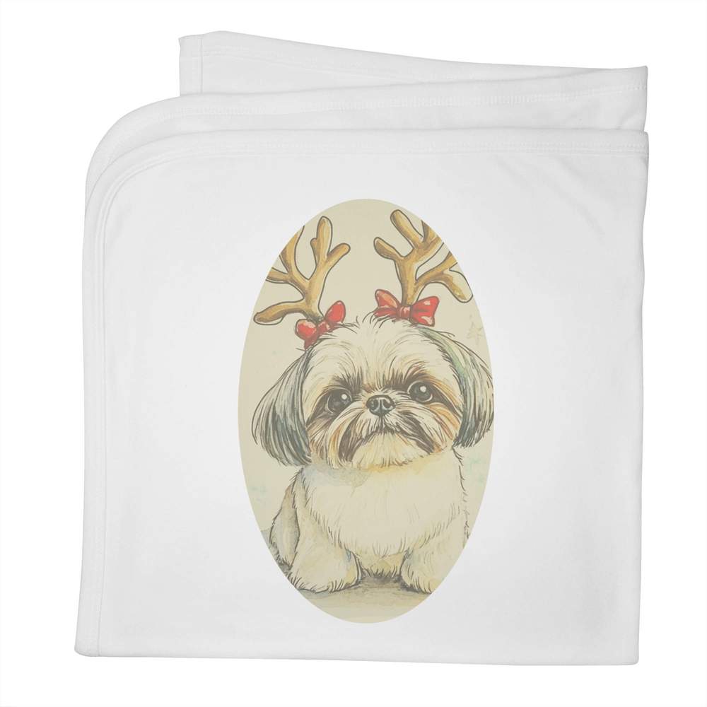 'Shih Tzu Dog Wearing Reindeer Antlers' Cotton Baby Blanket / Shawl (BY00039324)