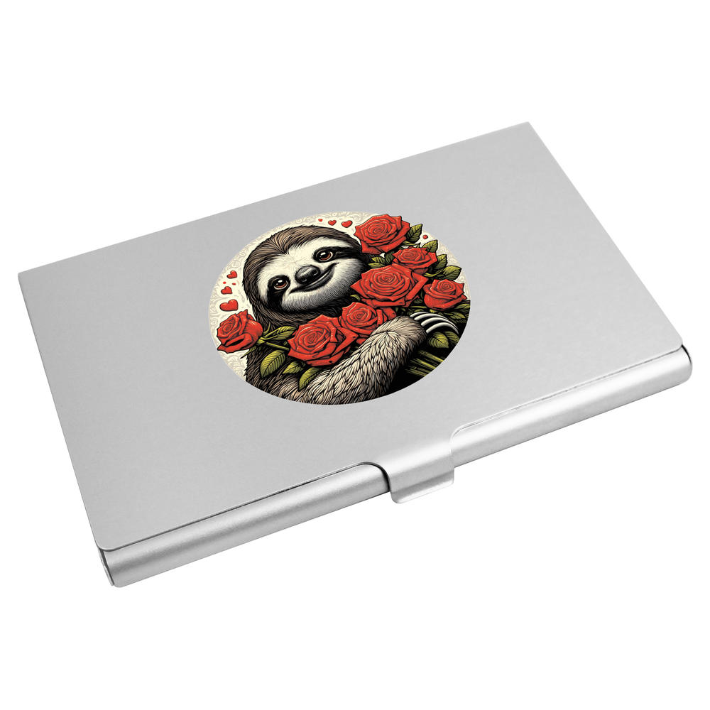 'Romantic Sloth With Red Roses' Business Card Holder / Credit Card Wallet (CH00042507)