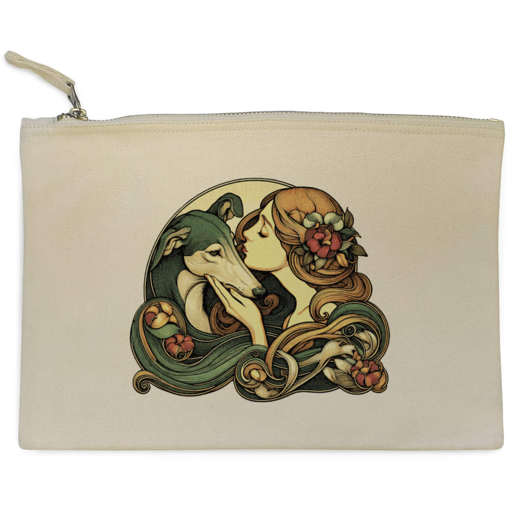 'Girl With Greyhound' Canvas Zip Clutch Bag - Accessory Case / Makeup Pouch for Travel, Handbags and Gifts (CL00041634)