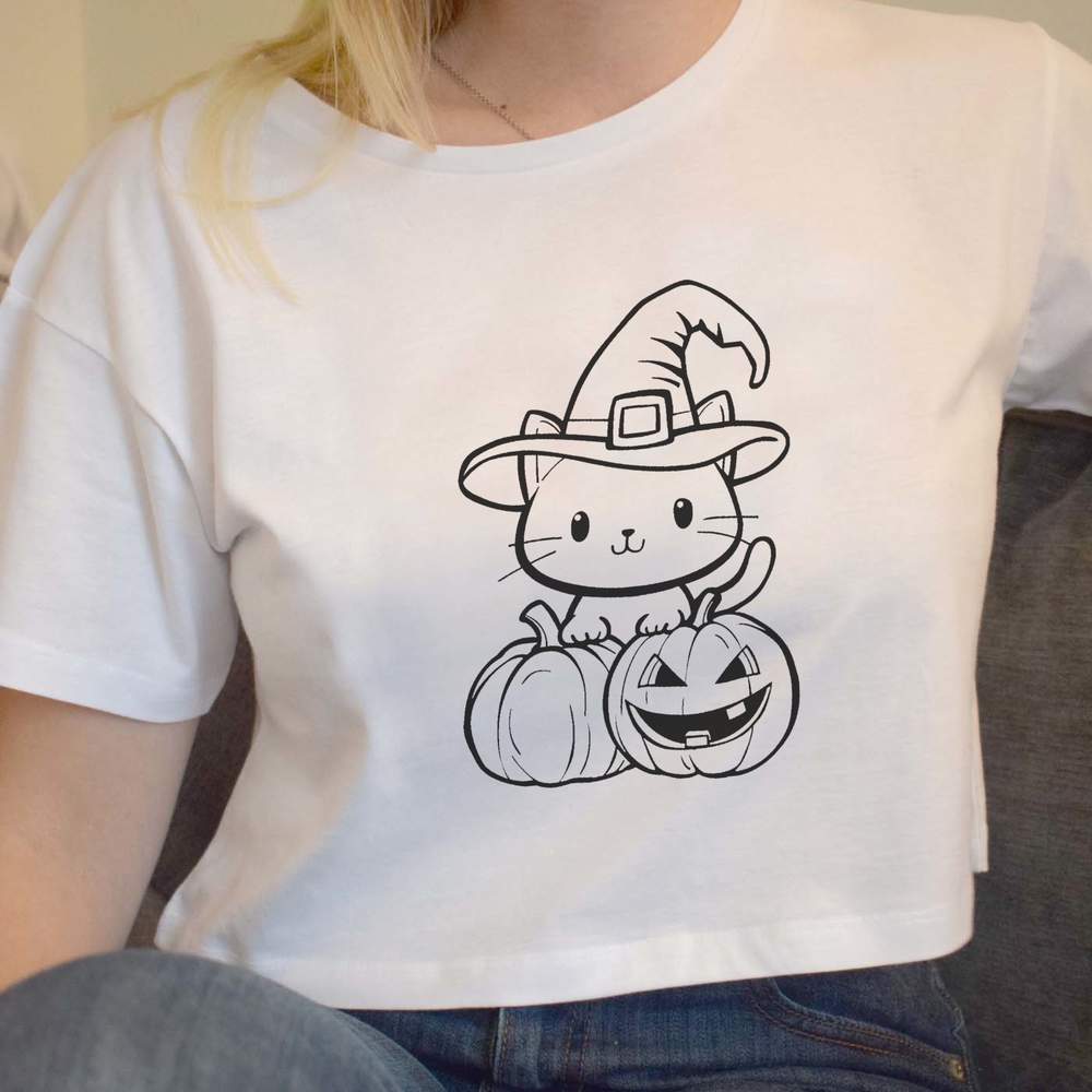 "Halloween Katze mit Kürbissen" Damen Baumwolle Crop Tops (CO049379) - Bild 28 von 30
