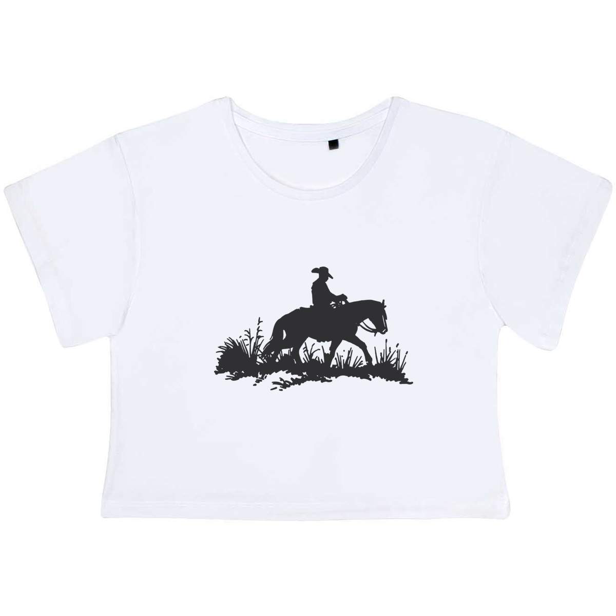 'Cowboy On Horse' Adult Cotton Crop Top - White, M - Cotton Short Sleeve Top for Gym, Dance, Training and Summer (CO00093408)