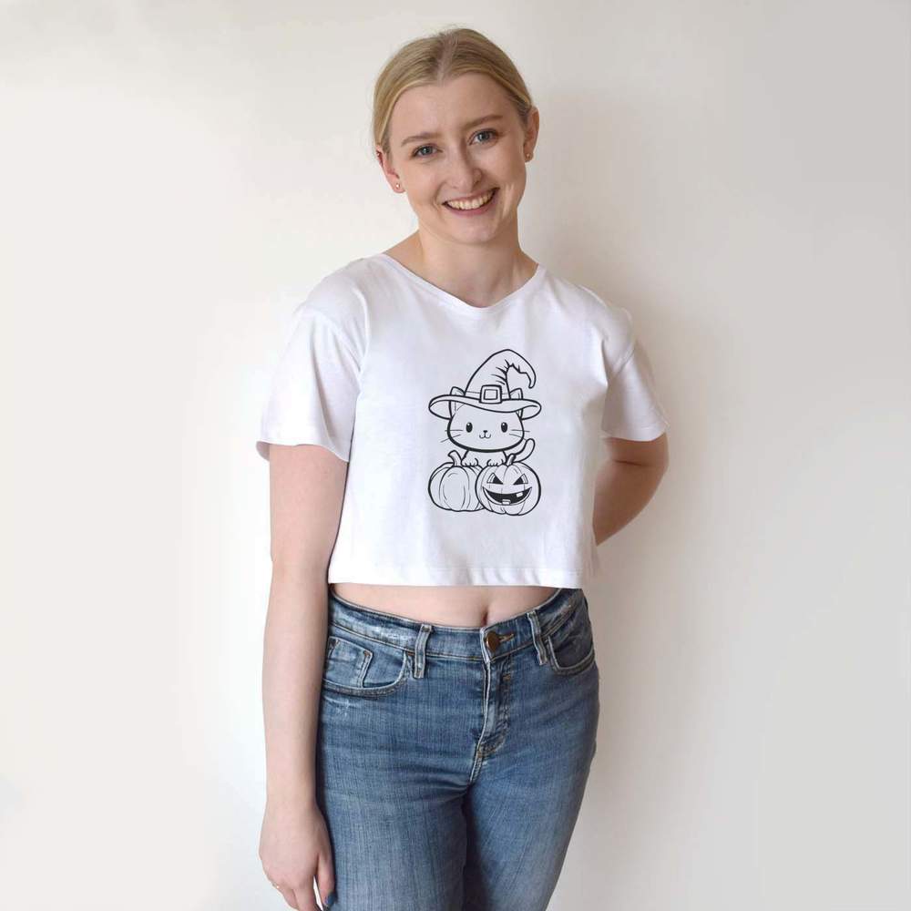 "Halloween Katze mit Kürbissen" Damen Baumwolle Crop Tops (CO049379) - Bild 23 von 30