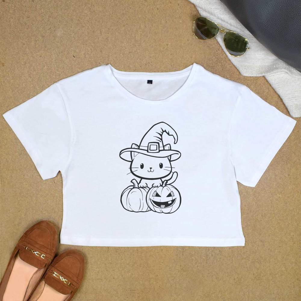 "Halloween Katze mit Kürbissen" Damen Baumwolle Crop Tops (CO049379) - Bild 24 von 30