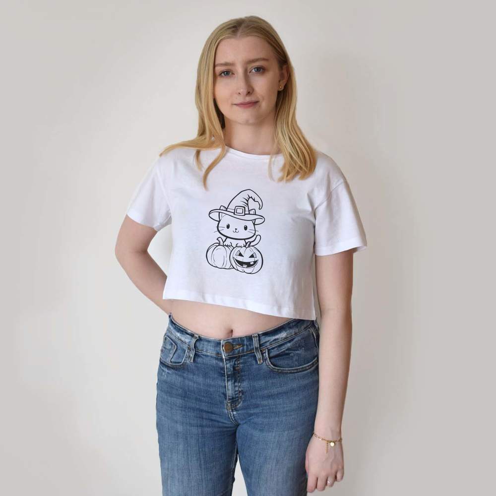 "Halloween Katze mit Kürbissen" Damen Baumwolle Crop Tops (CO049379) - Bild 14 von 30