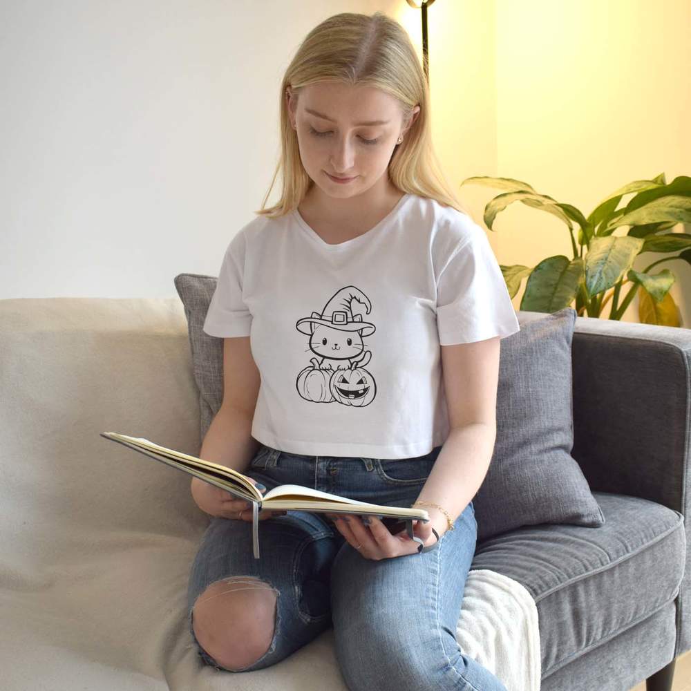 "Halloween Katze mit Kürbissen" Damen Baumwolle Crop Tops (CO049379) - Bild 15 von 30