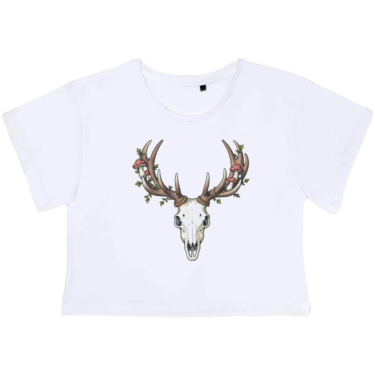 'Deer Skull & Mushrooms' Adult Cotton Crop Top - White, S - Cotton Short Sleeve Top for Gym, Dance, Training and Summer (CO00179997)