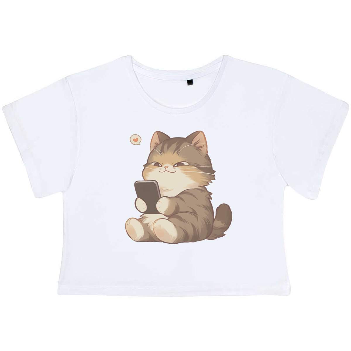 'Cute Chubby Cat with Cellphone' Women's Cotton Crop Tops (CO054124)
