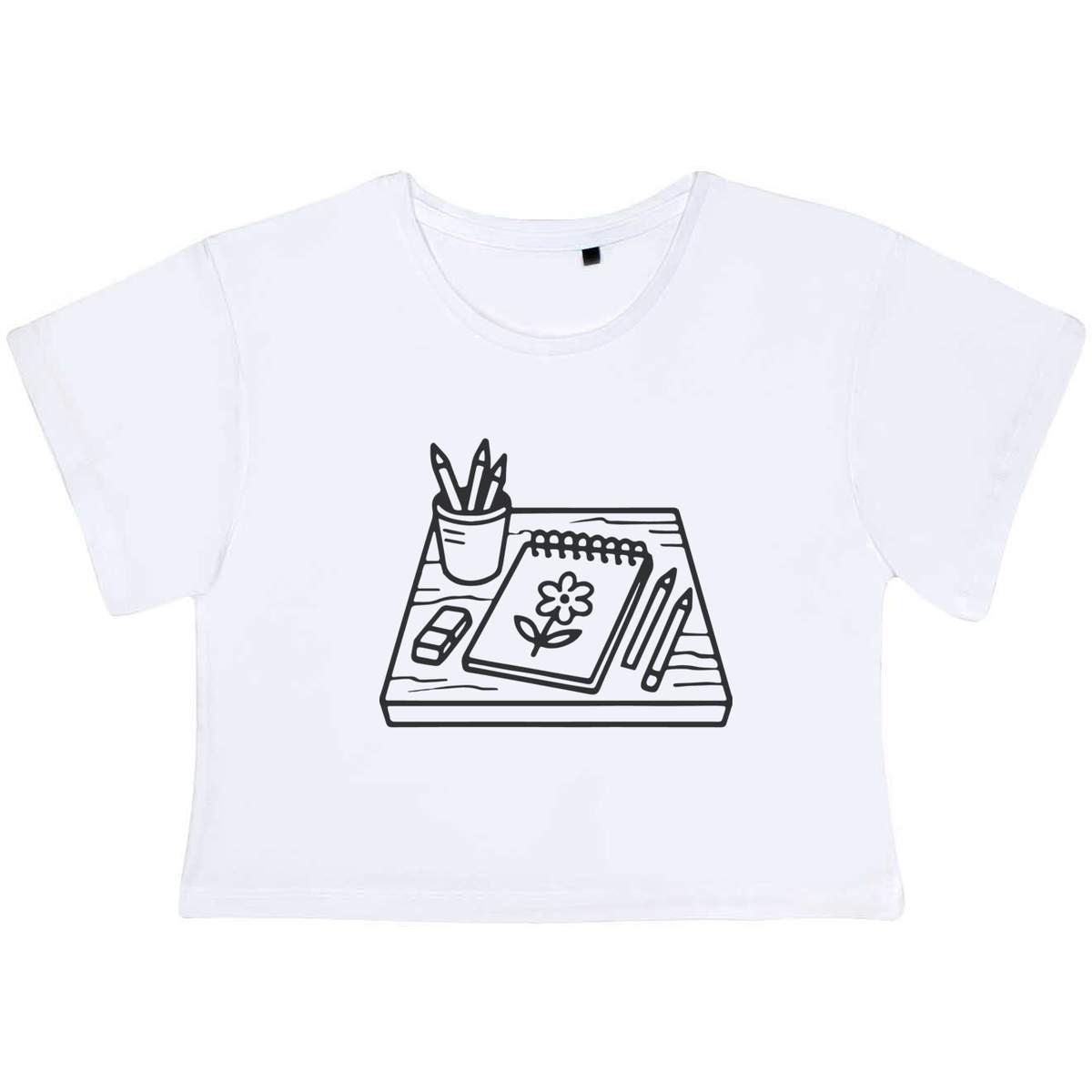 'Drawing Desk With Sketchbook And Pencils' Women's Cotton Crop Tops (CO056746)