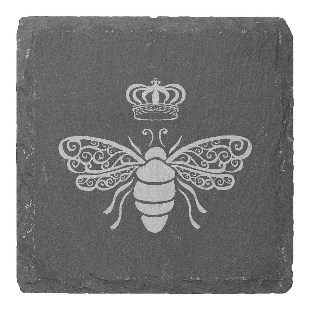 4 x 'Queen Bee' Square Slate Coasters - 10cm - Bee with Crown Royal Swirls Design - Drinks Mats for Mugs, Glasses, Tables and Gifts (CR00178211)