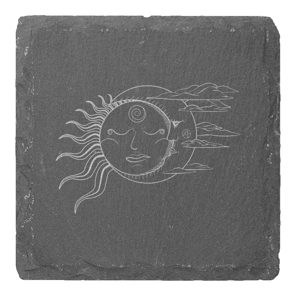 4 x 'Sun & Moon' Square Slate Coasters - 10cm - Drinks Mats for Mugs, Glasses, Tables and Gifts (CR00184022)