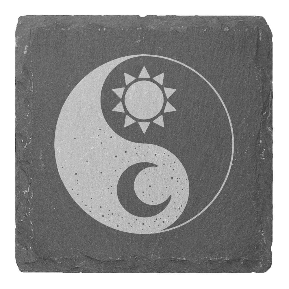 4 x 'Sun & Moon Yin & Yang' Square Slate Coasters - 10cm - Drinks Mats for Mugs, Glasses, Tables and Gifts (CR00189662)