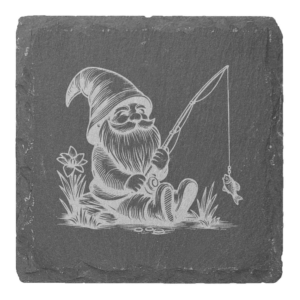 4 x 'Garden Gnome With Fishing Rod' 10cm Square Slate Coasters (CR00215871)