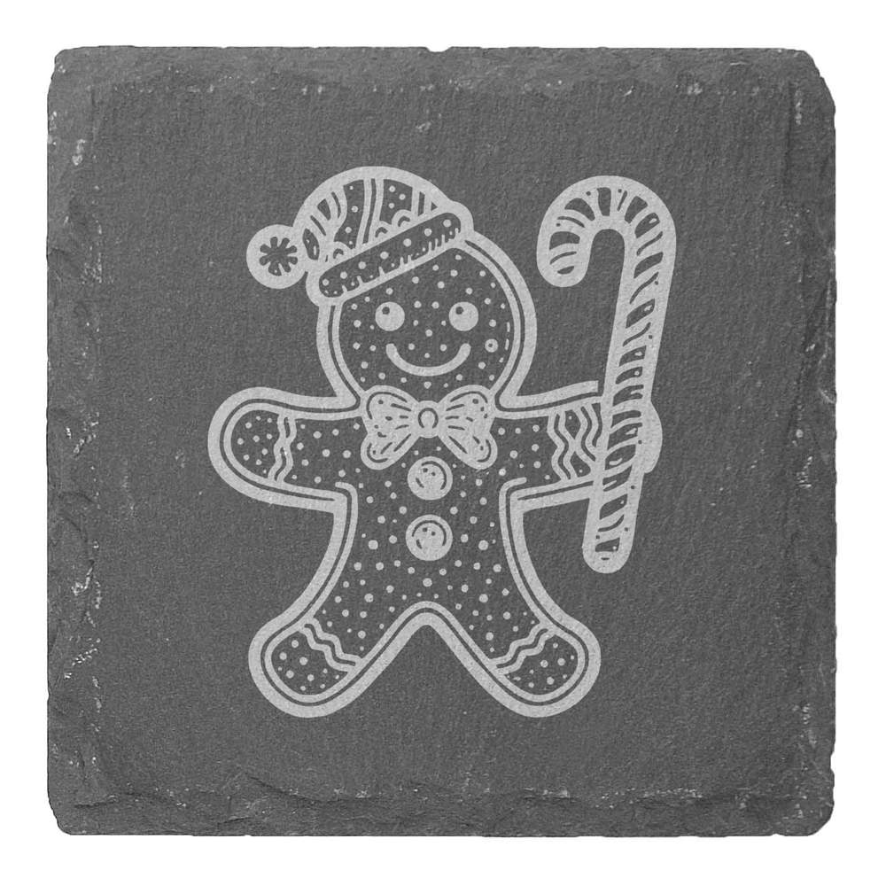 4 x 'Gingerbread Man With Candy Cane' 10cm Square Slate Coasters (CR00218553)