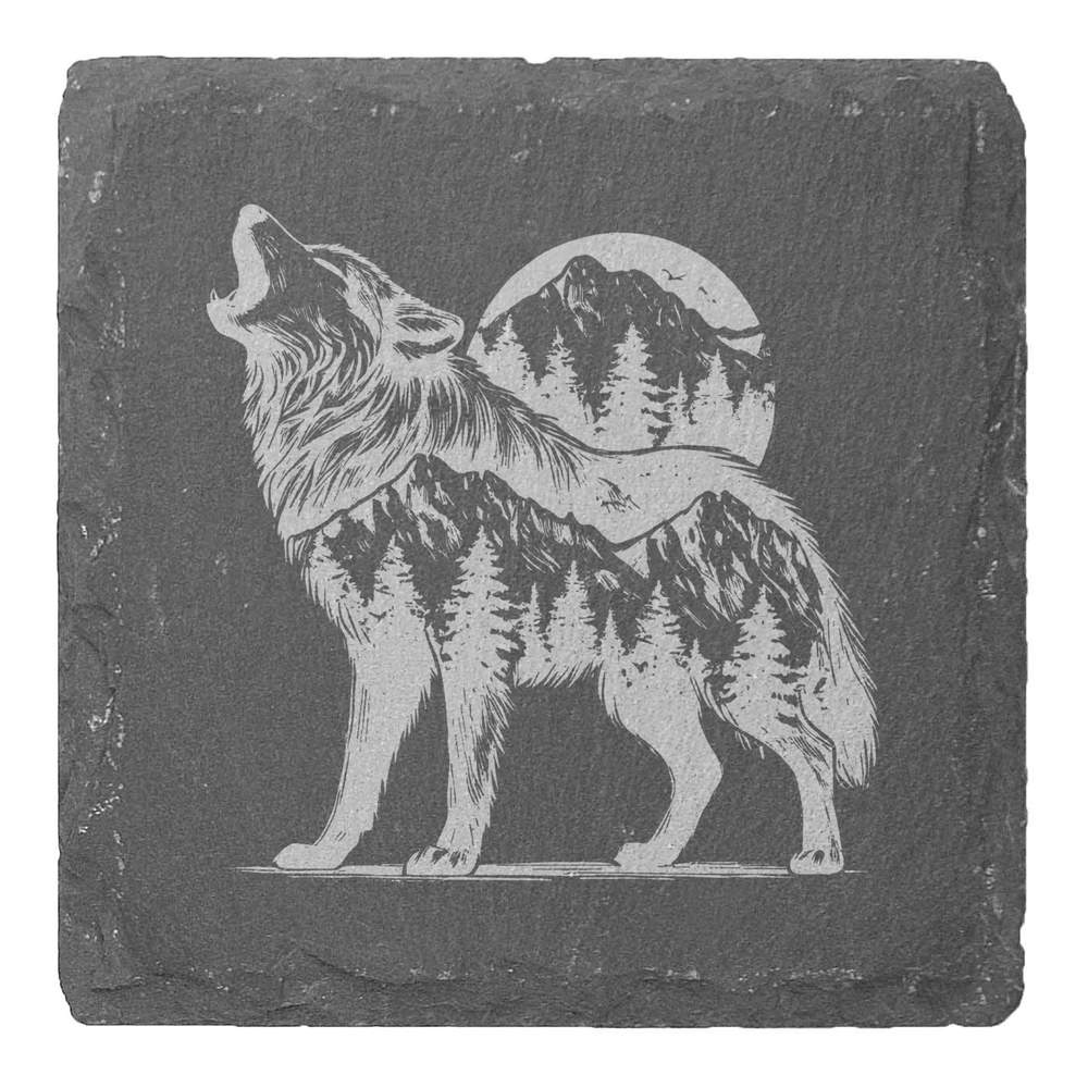 4 x 'Mountain Wolf' Square Slate Coasters - 10cm - Drinks Mats for Mugs, Glasses, Tables and Gifts (CR00223125)