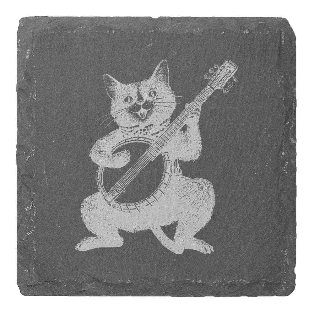 4 x 'Funny Cat Playing Banjo' Square Slate Coasters - 10cm - Drinks Mats for Mugs, Glasses, Tables and Gifts (CR00223308)