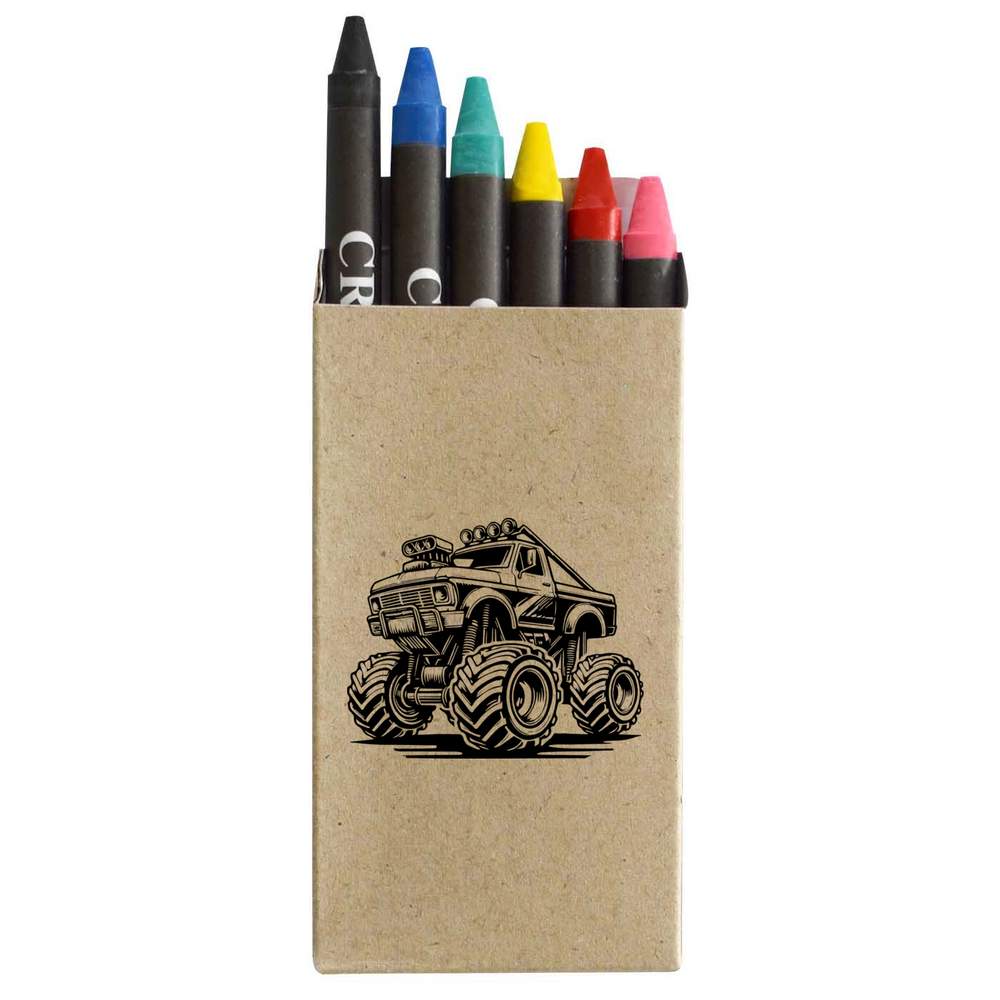 6 x 'Monster Truck' Coloured Crayons - Non-Toxic Crayon Set in a Printed Cardboard Pack for School and Crafts (CY00029077)