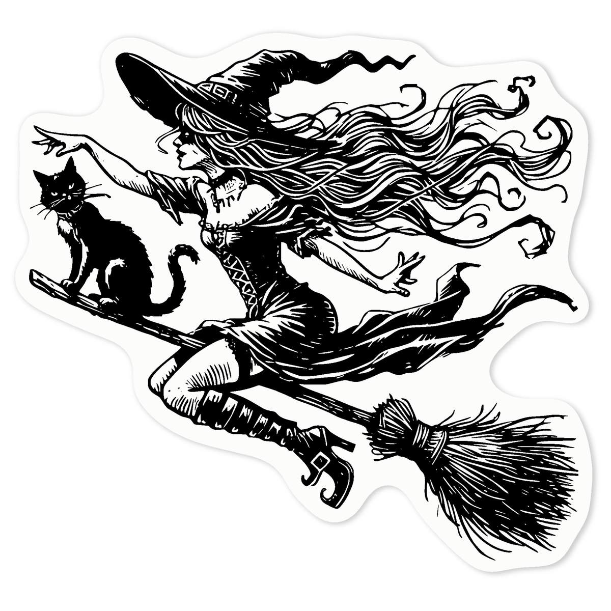 'Cool Witch On Broomstick' Clear Premium Vinyl Decal Stickers – Waterproof, Durable & Easy to Apply - For Car Bumpers, Windows, Bins & More - Medium (100mm) (DC00139285)