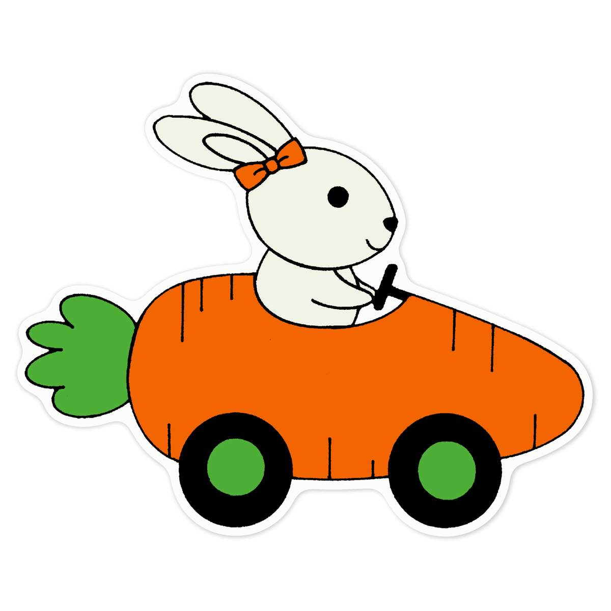 'Rabbit Driving Carrot Car' White Premium Vinyl Decal Sticker – Waterproof, Durable & Easy to Apply - For Car Bumpers, Windows, Bins & More - Large (210mm) (DW00064775)