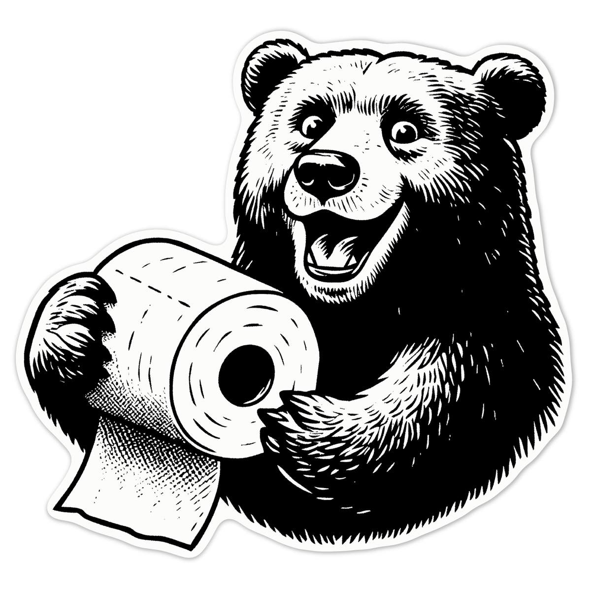 'Bear Holding Toilet Paper' White Premium Vinyl Decal Sticker – Waterproof, Durable & Easy to Apply - For Car Bumpers, Windows, Bins & More - Large (210mm) (DW00129198)