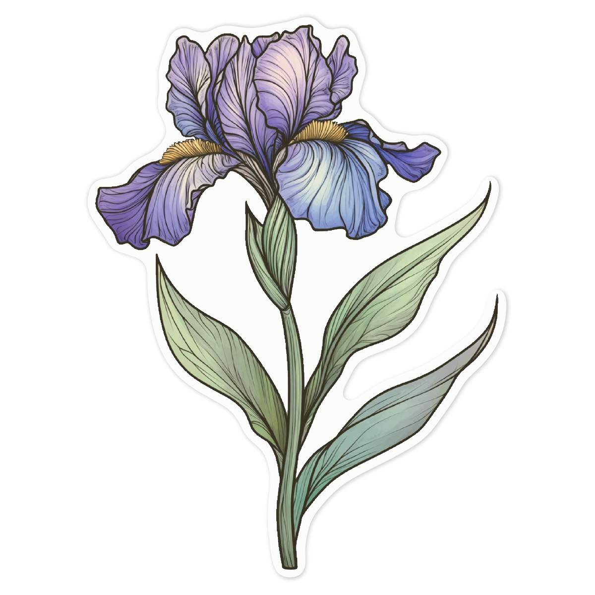 'Single Iris Flower with Long Stem' White Premium Vinyl Decal Sticker – Waterproof, Durable & Easy to Apply - For Car Bumpers, Windows, Bins & More - Large (210mm) (DW00133206)