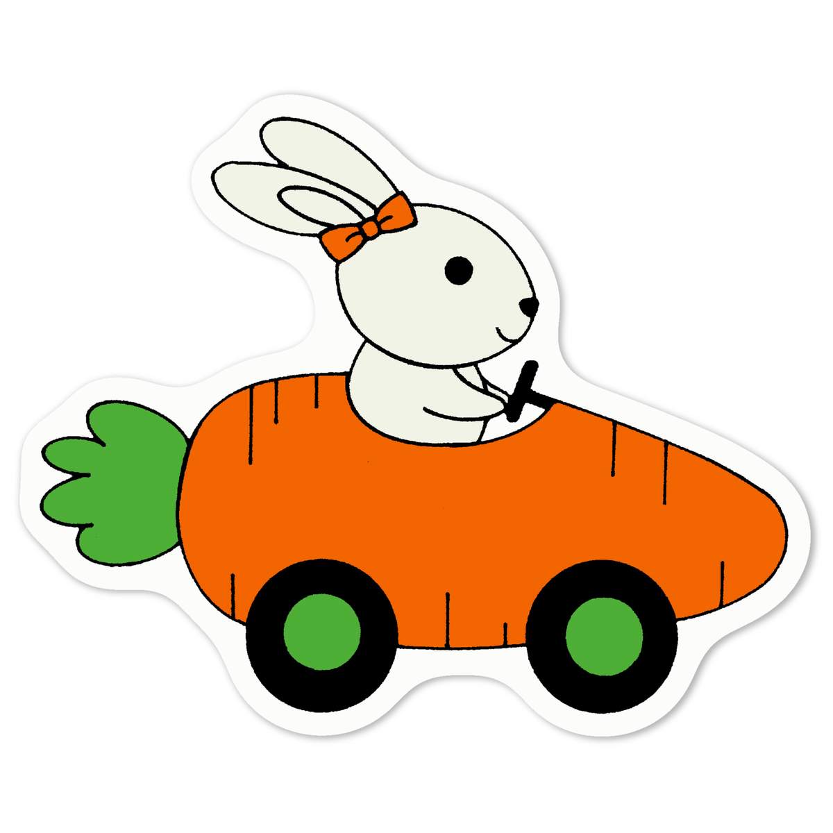 'Rabbit Driving Carrot Car' White Premium Vinyl Decal Sticker – Waterproof, Durable & Easy to Apply - For Car Bumpers, Windows, Bins & More - Medium (100mm) (DW00064774)